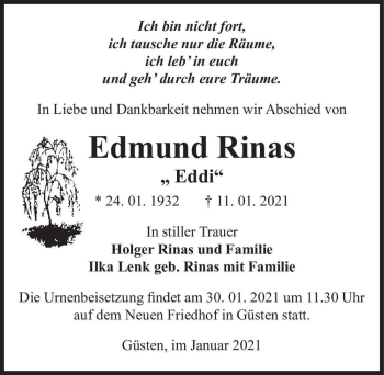 Traueranzeige von Edmund Rinas 