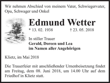 Traueranzeige von Edmund Wetter  von Magdeburger Volksstimme