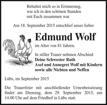 Traueranzeige von Edmund Wolf  von Magdeburger Volksstimme