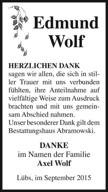 Traueranzeige von Edmund Wolf  von Magdeburger Volksstimme