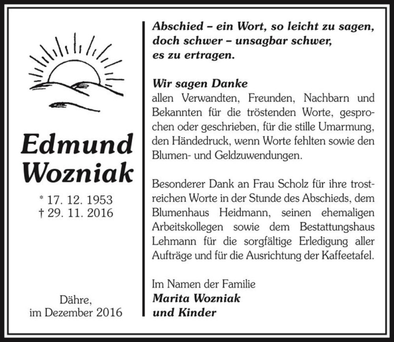  Traueranzeige für Edmund Wozniak  vom 23.12.2016 aus Magdeburger Volksstimme