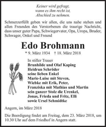 Traueranzeige von Edo Brohmann  von Magdeburger Volksstimme