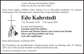 Traueranzeige von Edo Kahrstedt  von Magdeburger Volksstimme