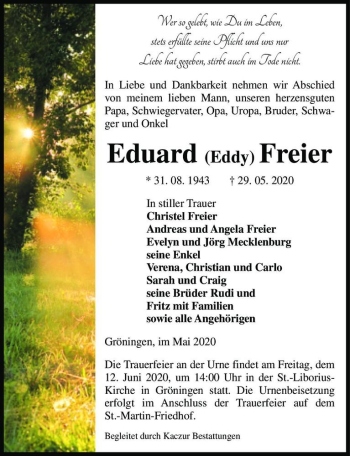 Traueranzeige von Eduard (Eddy) Freier  von Magdeburger Volksstimme