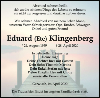 Traueranzeige von Eduard (Ete) Klingenberg  von Magdeburger Volksstimme