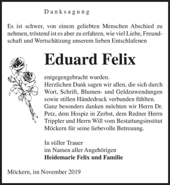 Traueranzeige von Eduard Felix  von Magdeburger Volksstimme