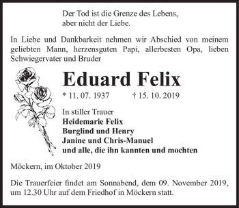 Traueranzeige von Eduard Felix  von Magdeburger Volksstimme