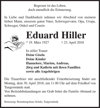 Traueranzeige von Eduard Hiller  von Magdeburger Volksstimme