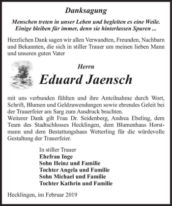 Traueranzeige von Eduard Jaensch  von Magdeburger Volksstimme