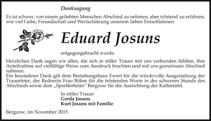  Traueranzeige für Eduard Josuns  vom 25.11.2015 aus Magdeburger Volksstimme