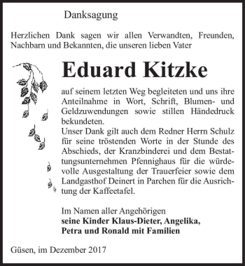Traueranzeige von Eduard Kitzke  von Magdeburger Volksstimme