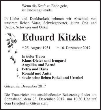 Traueranzeige von Eduard Kitzke  von Magdeburger Volksstimme