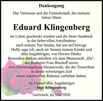 Traueranzeige von Eduard Klingenberg  von Magdeburger Volksstimme