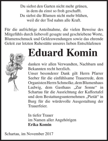 Traueranzeige von Eduard Komin  von Magdeburger Volksstimme