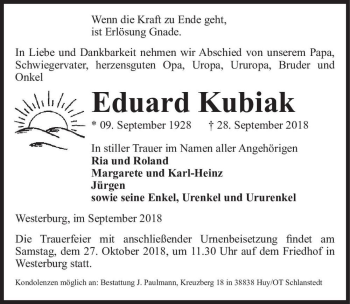 Traueranzeige von Eduard Kubiak  von Magdeburger Volksstimme