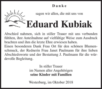 Traueranzeige von Eduard Kubiak  von Magdeburger Volksstimme