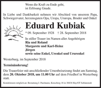 Traueranzeige von Eduard Kubiak  von Magdeburger Volksstimme
