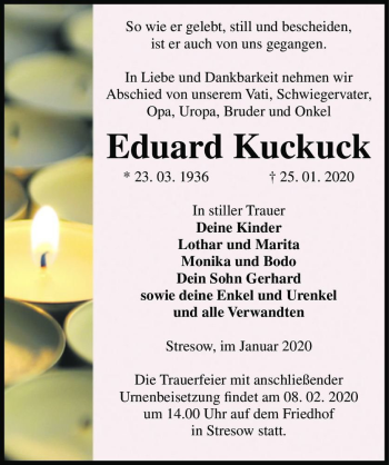 Traueranzeige von Eduard Kuckuck  von Magdeburger Volksstimme