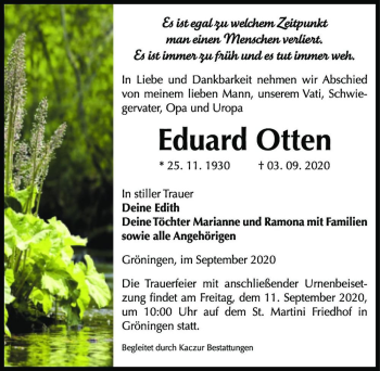 Traueranzeige von Eduard Otten  von Magdeburger Volksstimme