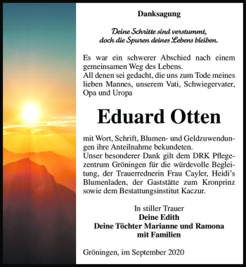 Traueranzeige von Eduard Otten  von Magdeburger Volksstimme