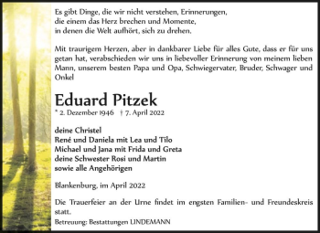 Traueranzeige von Eduard Pitzek  von Magdeburger Volksstimme