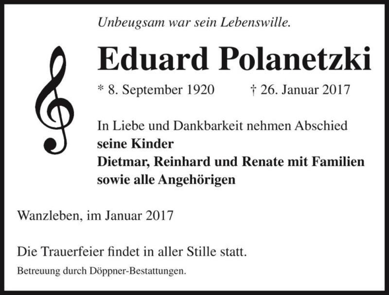  Traueranzeige für Eduard Polanetzki  vom 04.02.2017 aus Magdeburger Volksstimme