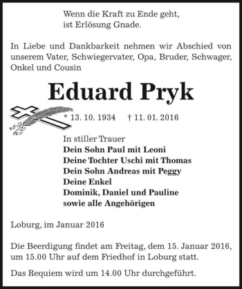 Traueranzeige von Eduard Pryk  von Magdeburger Volksstimme