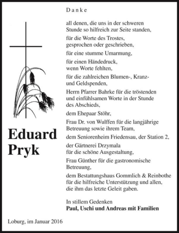 Traueranzeige von Eduard Pryk  von Magdeburger Volksstimme