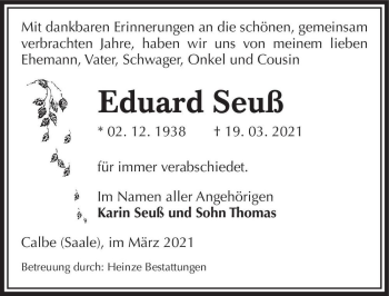 Traueranzeige von Eduard Seuß  von Magdeburger Volksstimme