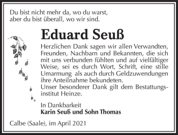Traueranzeige von Eduard Seuß  von Magdeburger Volksstimme