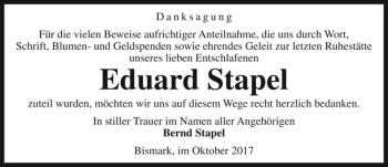 Traueranzeige von Eduard Stapel  von Magdeburger Volksstimme