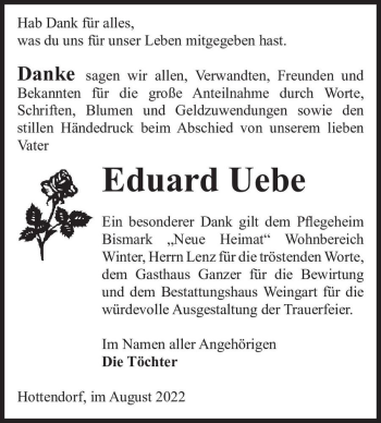 Traueranzeige von Eduard Uebe  von Magdeburger Volksstimme
