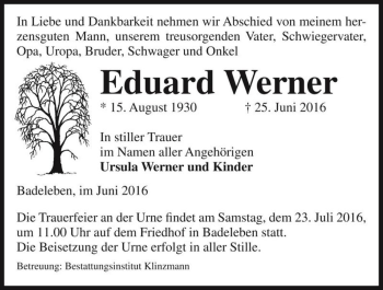 Traueranzeige von Eduard Werner  von Magdeburger Volksstimme