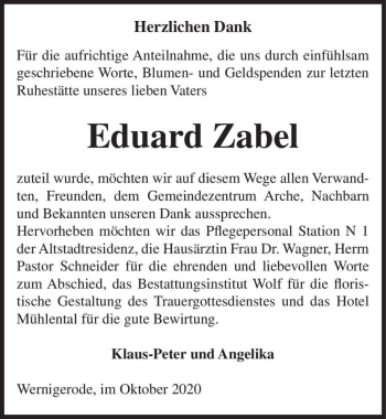 Traueranzeige von Eduard Zabel  von Magdeburger Volksstimme