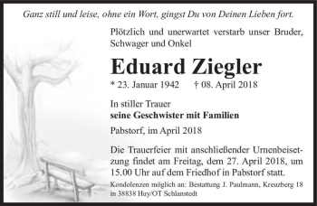 Traueranzeige von Eduard Ziegler  von Magdeburger Volksstimme
