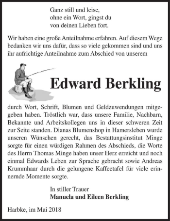 Traueranzeige von Edward Berkling  von Magdeburger Volksstimme