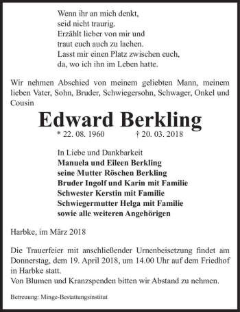 Traueranzeige von Edward Berkling  von Magdeburger Volksstimme