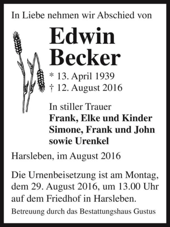 Traueranzeige von Edwin Becker  von Magdeburger Volksstimme