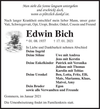 Traueranzeige von Edwin Bich  von Magdeburger Volksstimme