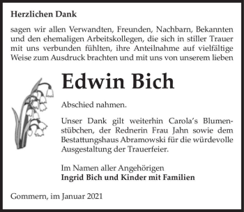 Traueranzeige von Edwin Bich  von Magdeburger Volksstimme