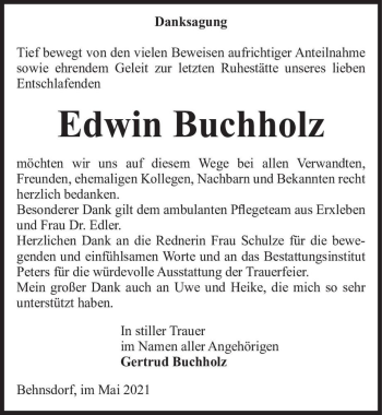 Traueranzeige von Edwin Buchholz  von Magdeburger Volksstimme