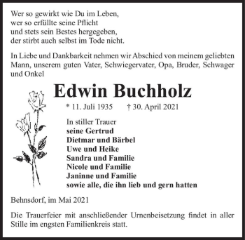 Traueranzeige von Edwin Buchholz  von Magdeburger Volksstimme