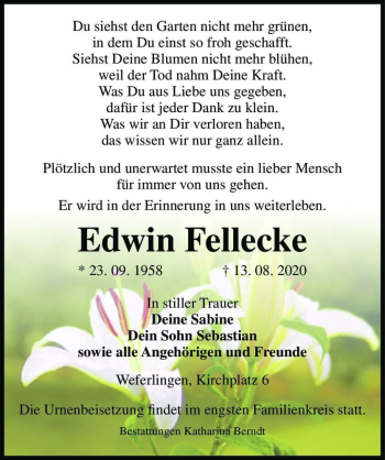 Traueranzeige von Edwin Fellecke  von Magdeburger Volksstimme