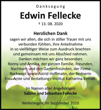 Traueranzeige von Edwin Fellecke  von Magdeburger Volksstimme