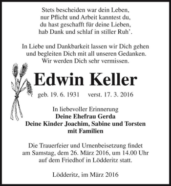 Traueranzeige von Edwin Keller  von Magdeburger Volksstimme