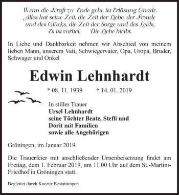 Traueranzeige von Edwin Lehnhardt  von Magdeburger Volksstimme