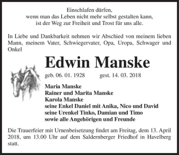 Traueranzeige von Edwin Manske  von Magdeburger Volksstimme