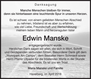 Traueranzeige von Edwin Manske  von Magdeburger Volksstimme