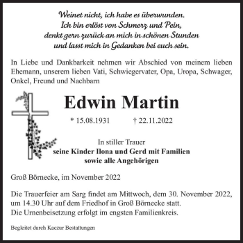 Traueranzeige von Edwin Martin  von Magdeburger Volksstimme