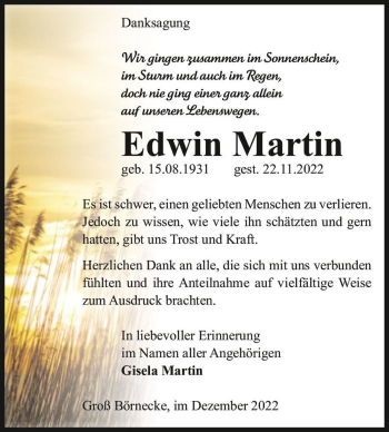 Traueranzeige von Edwin Martin  von Magdeburger Volksstimme